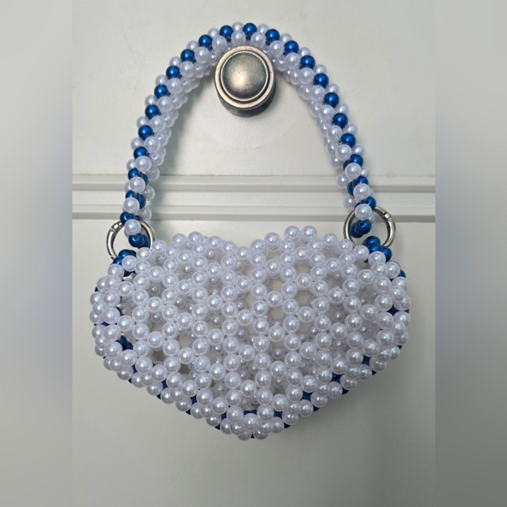 Hand Beaded Heart Shaped Faux Pearl Bag with Interchangeable Handles